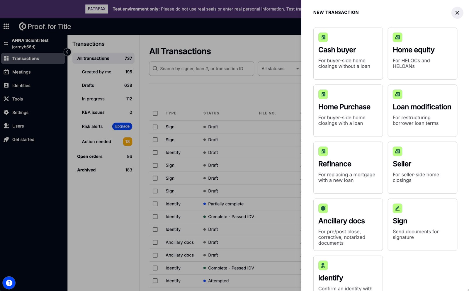 New Transaction panel showing all closing type options including the new Home Purchase and Refinance types