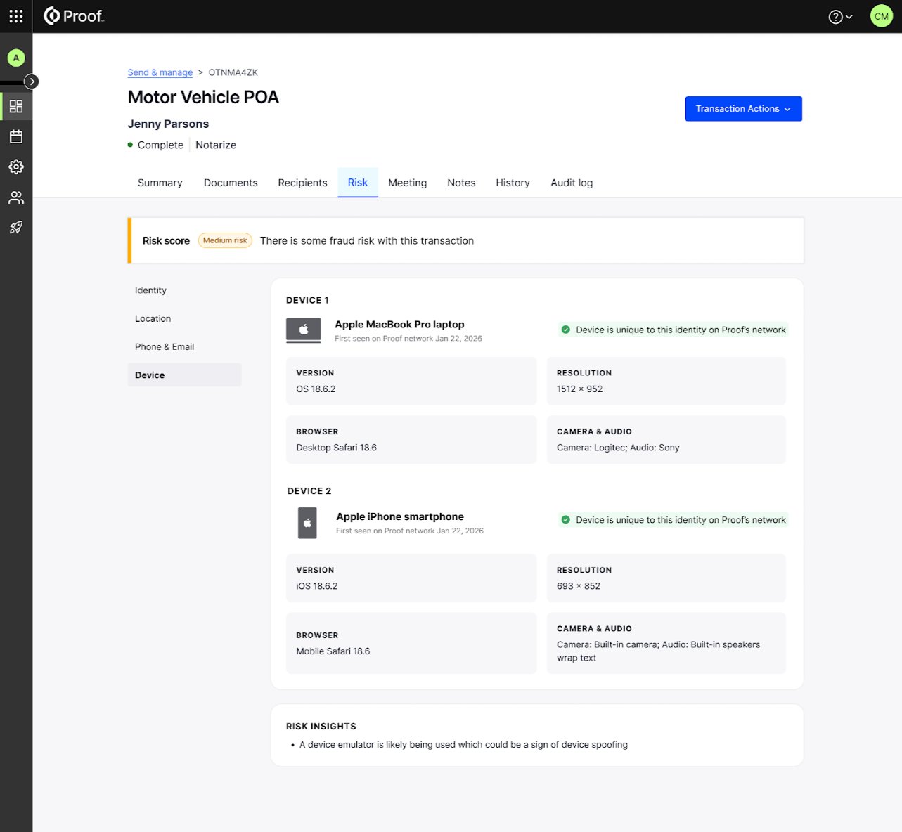 Device signals section in the Risk tab showing device fingerprint, environment details, and risk insights