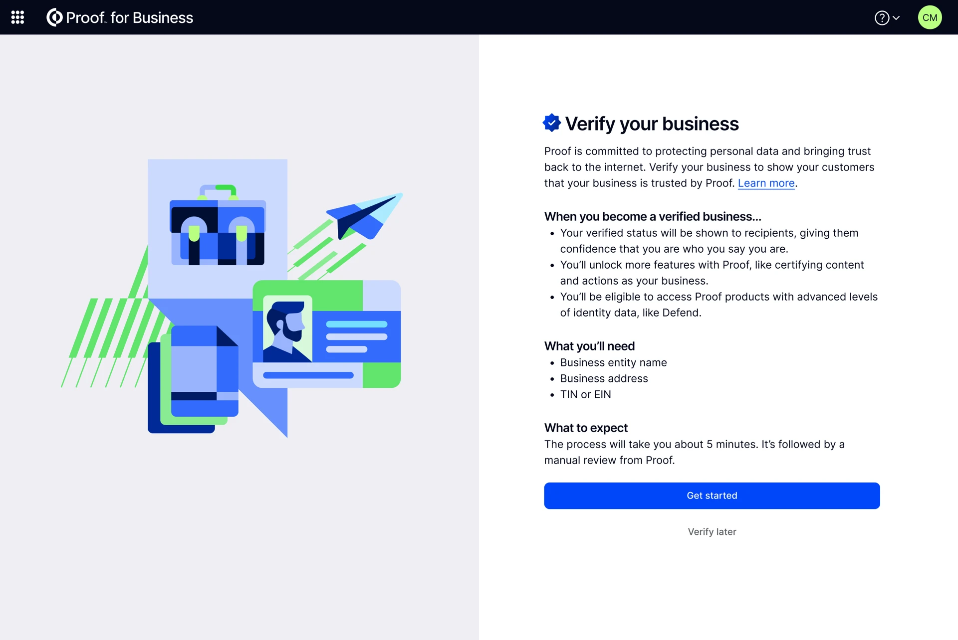 Verify your business screen showing what you'll need: business entity name, business address, and TIN or EIN