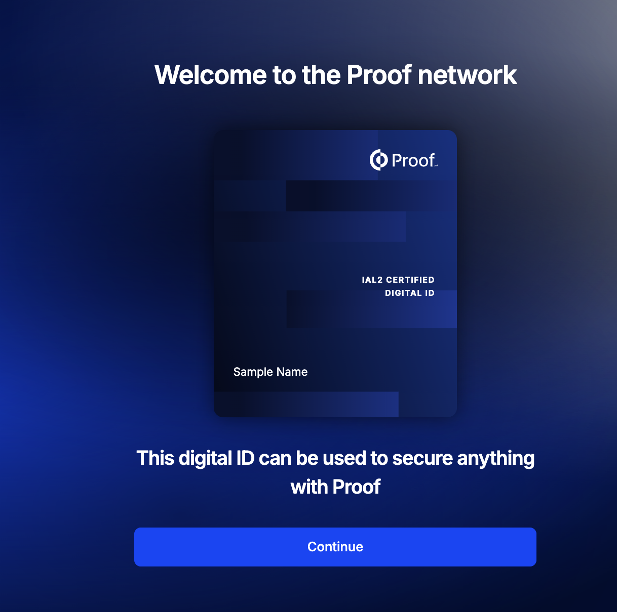 Welcome to the Proof network screen showing IAL2 Certified Digital ID card confirmation