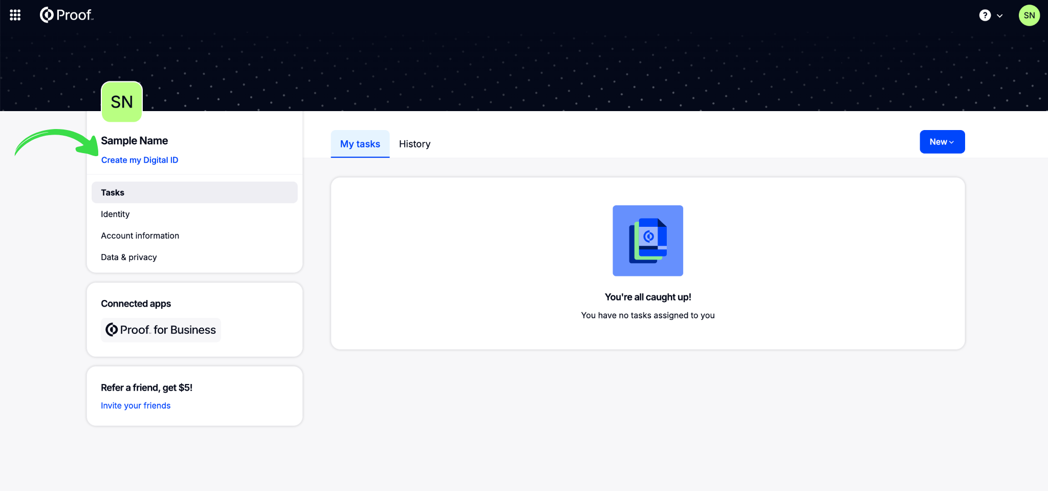 Proof dashboard account menu showing the Create my Digital ID link