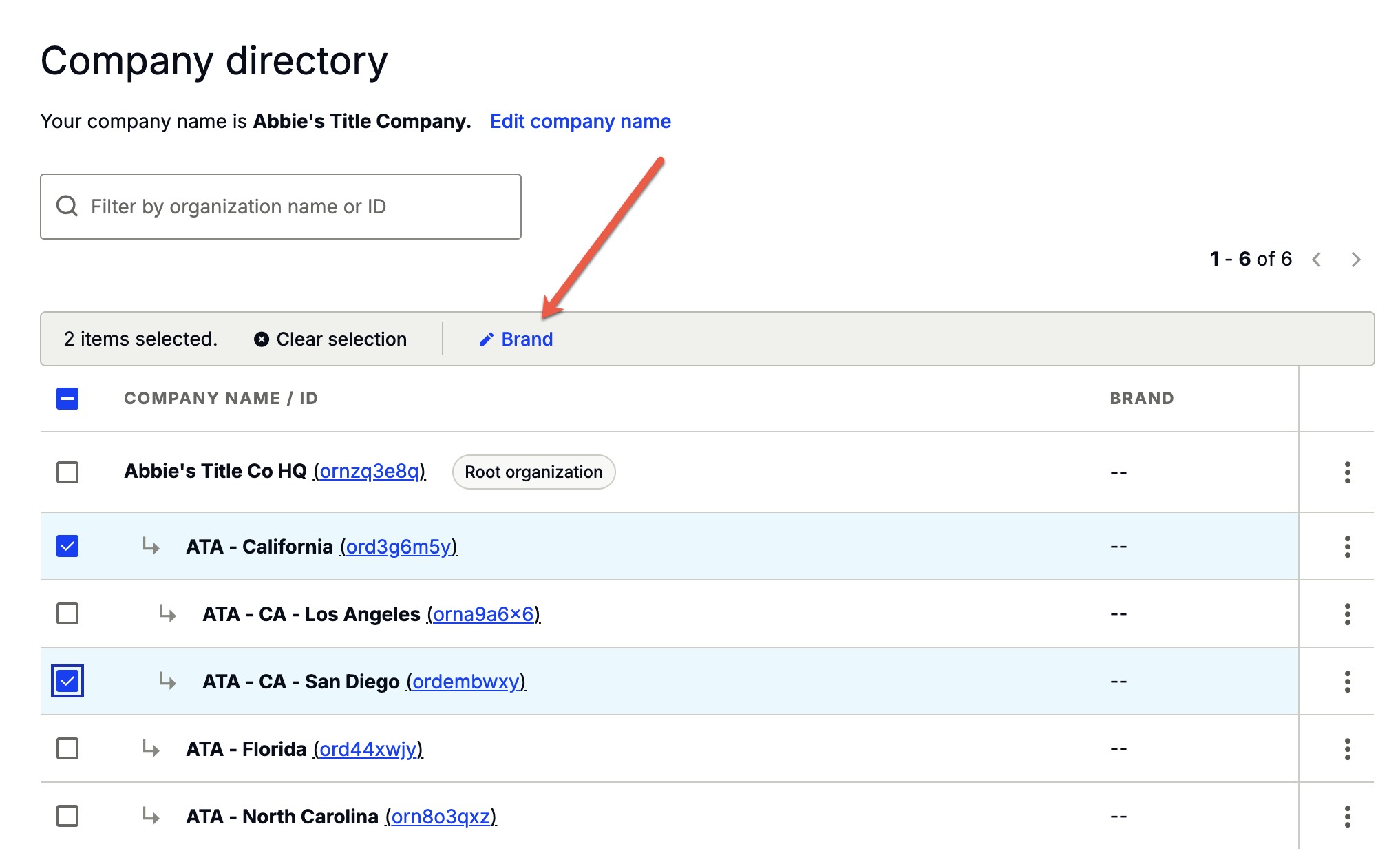 Command Center company directory showing the Brand menu option above the organization list
