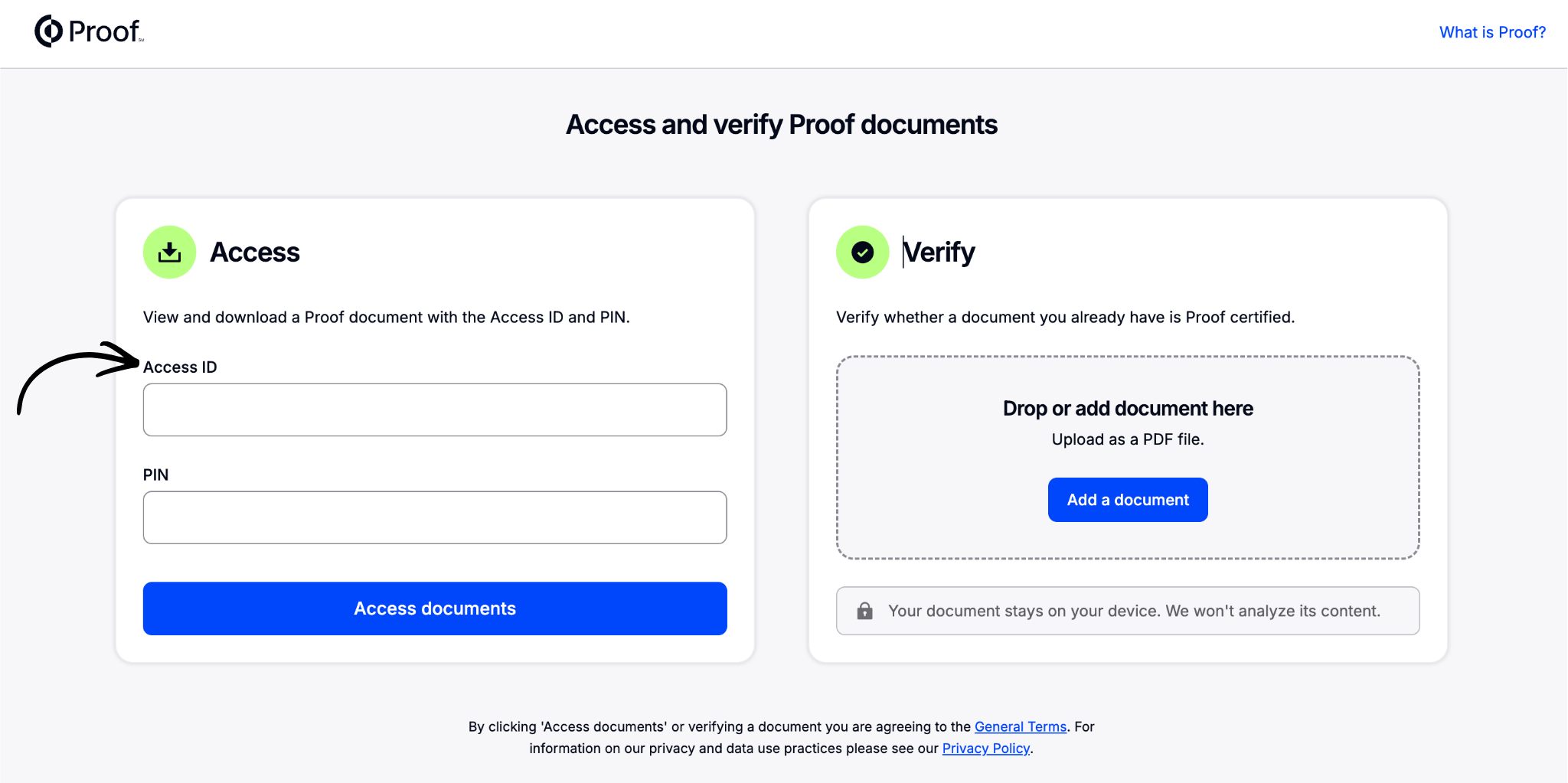 Proof Verification Portal access and verify screen