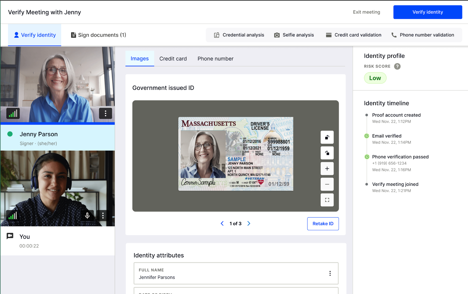Verify agent meeting interface showing video feeds on the left, agent tools in the main panel, and identity profile and timeline on the right
