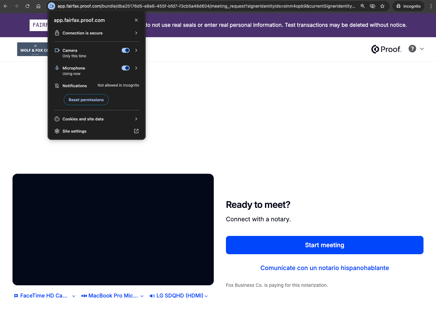 Chrome site settings showing camera, microphone, and audio permissions allowed for Proof