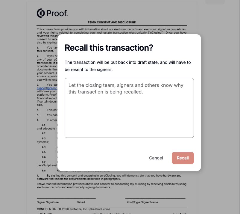 Recall this transaction confirmation dialog with reason text box