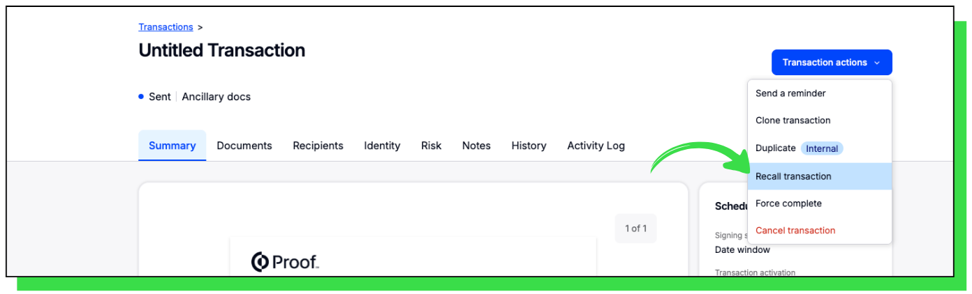 Transaction actions menu with Recall transaction highlighted
