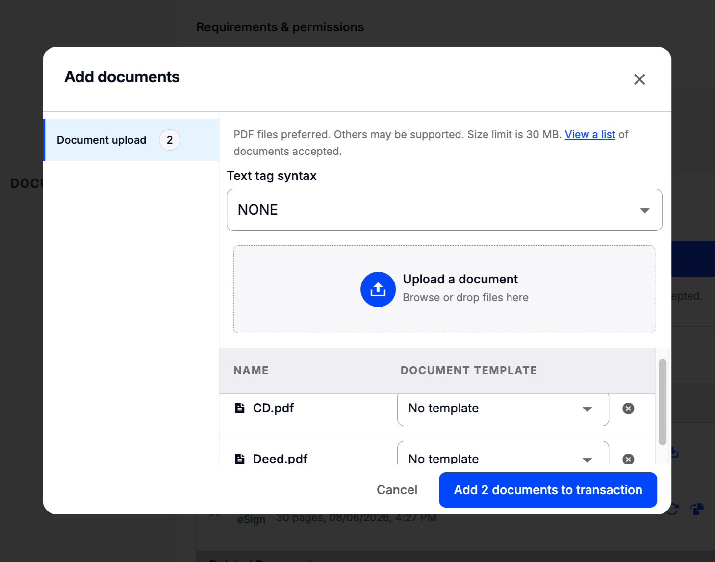 Add documents modal showing the Name and Document Template columns with a No template dropdown for each uploaded file