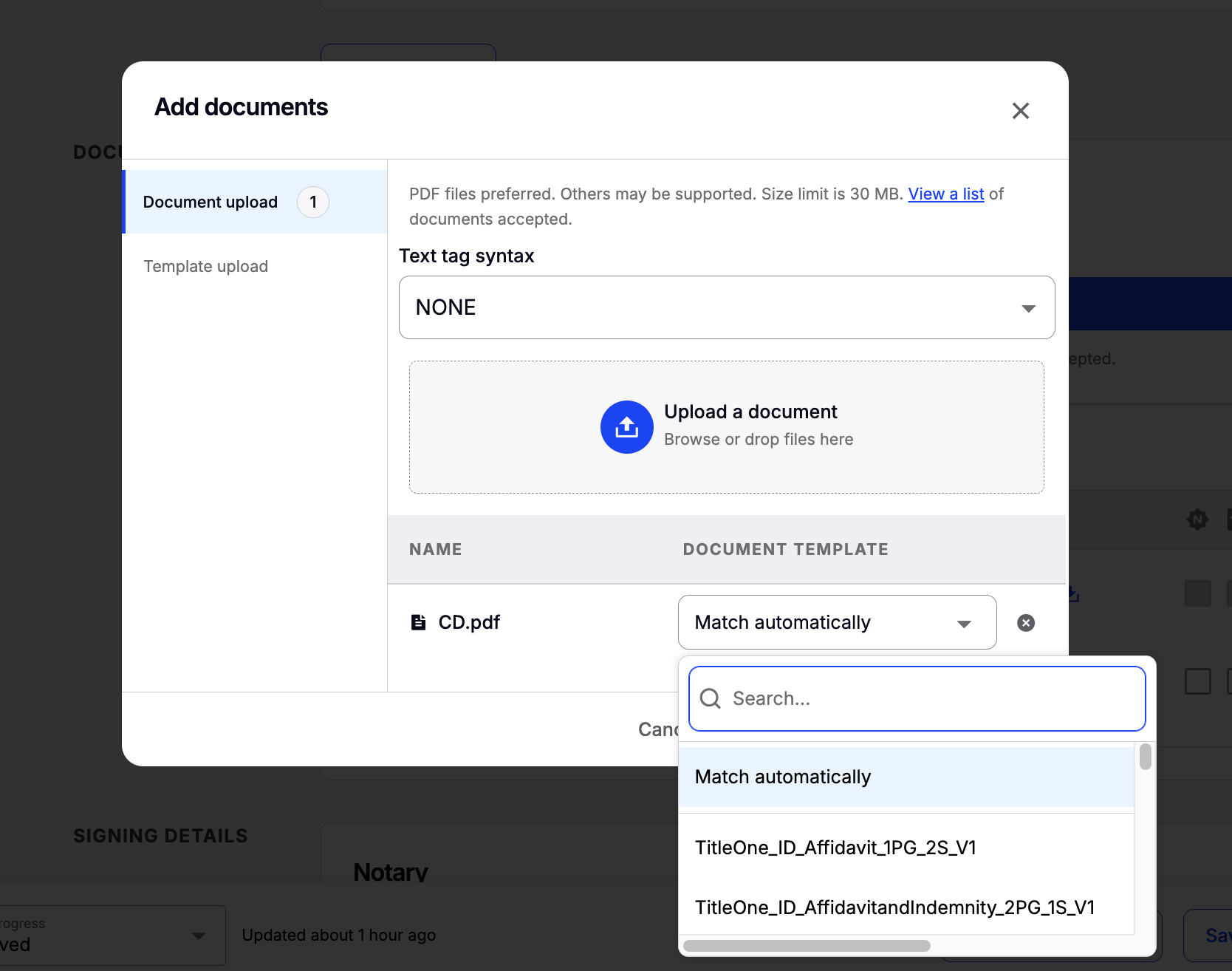 Add documents modal showing the Document Template dropdown expanded with a search field and template options including Match automatically