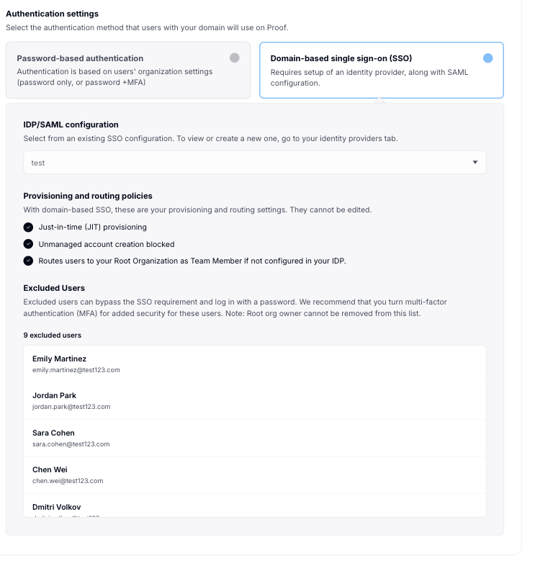 Authentication settings screen showing the Excluded Users section with a list of exempted users and their email addresses