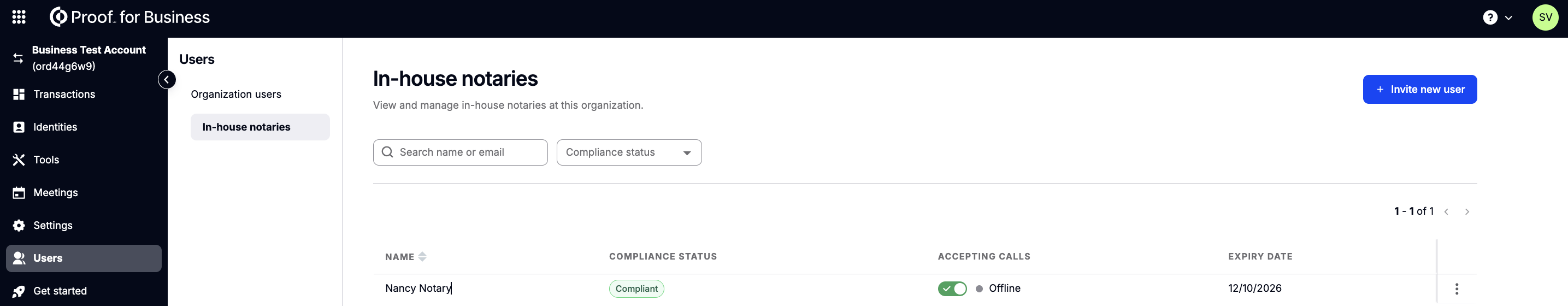 In-house notaries list showing the accepting calls toggle