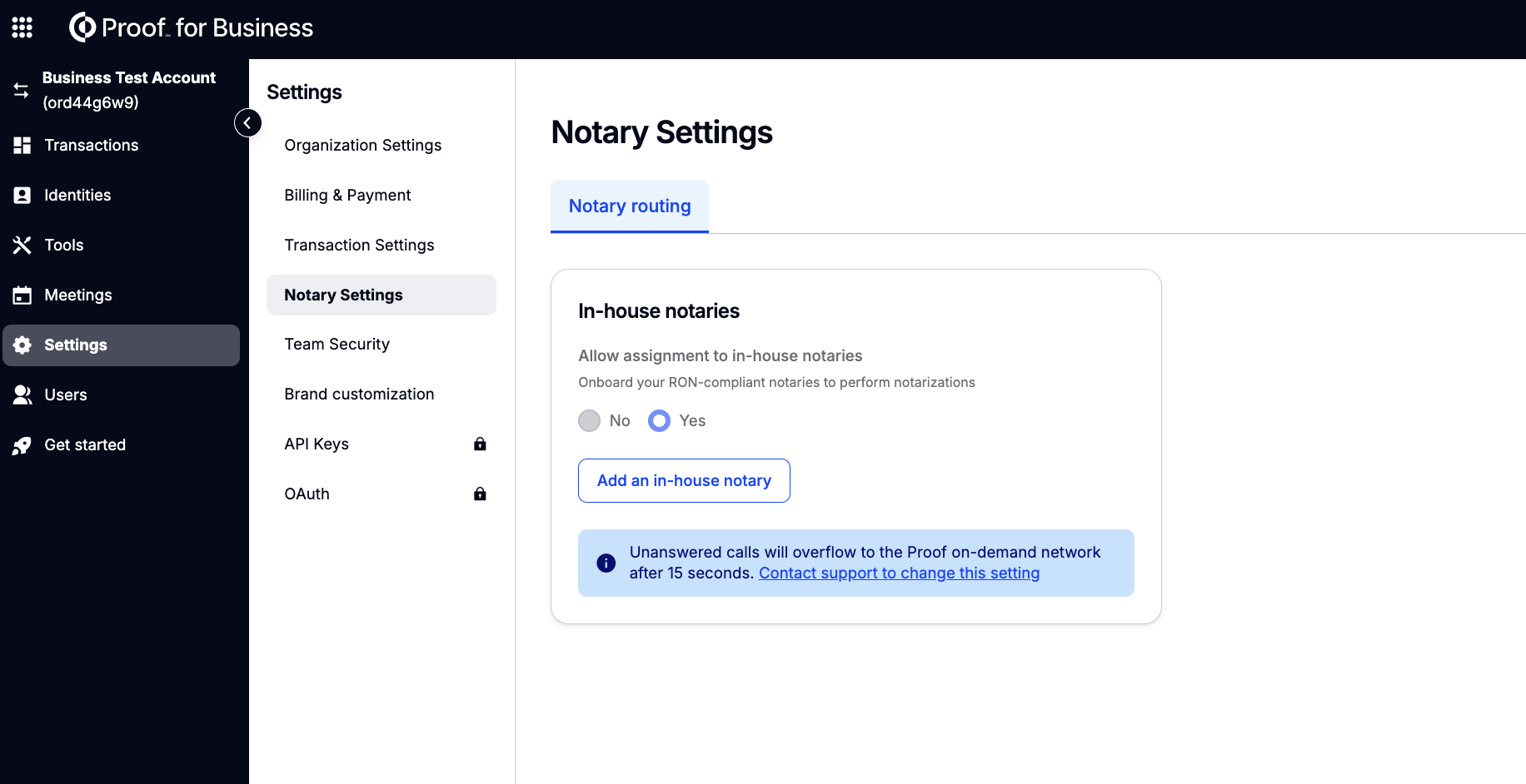 Notary Settings page showing the Notary routing tab with the Allow assignment to in-house notaries toggle set to Yes and an Add an in-house notary button