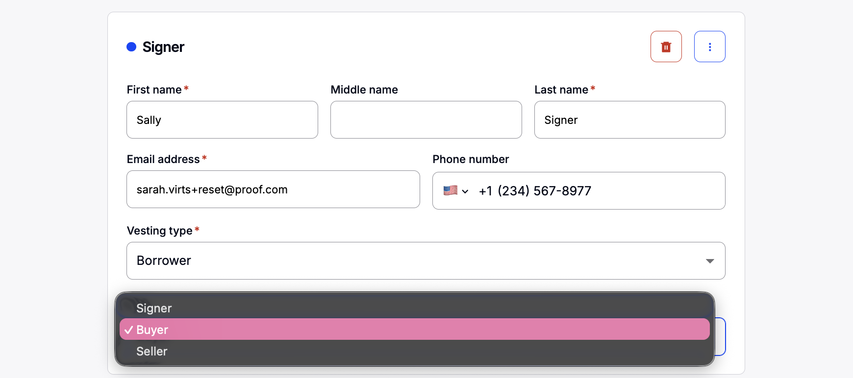 Signer card Type dropdown showing Signer, Buyer, and Seller options, with Buyer selected