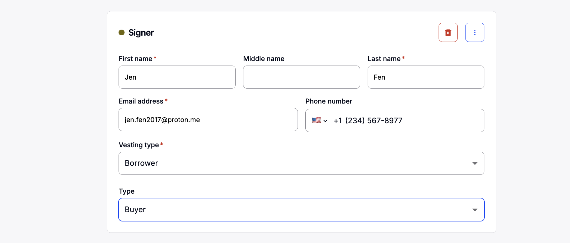 Signer card showing the Type field set to Buyer