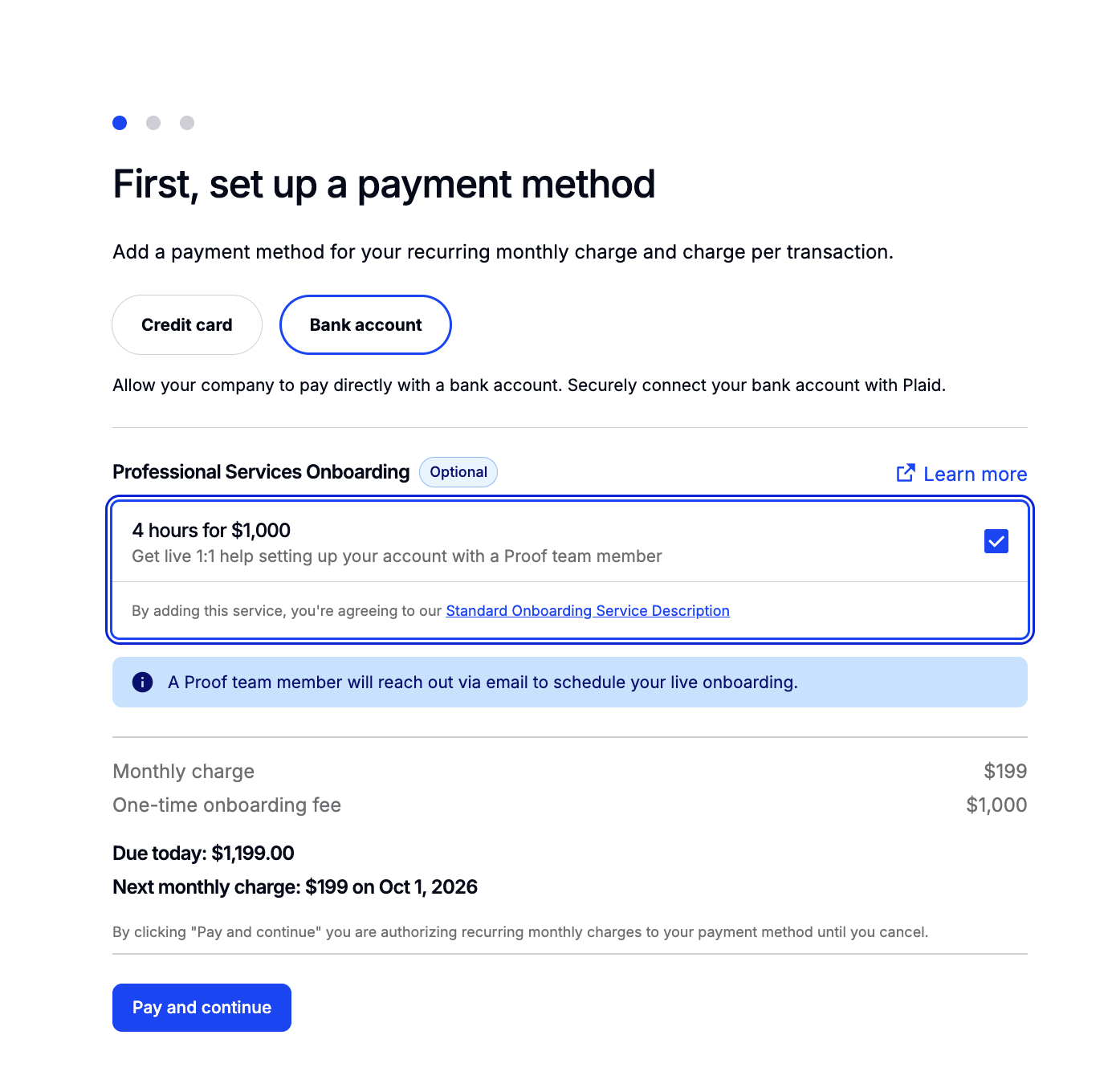 Payment screen with Professional Services Onboarding checked, showing a $1,000 one-time onboarding fee added to the total due today