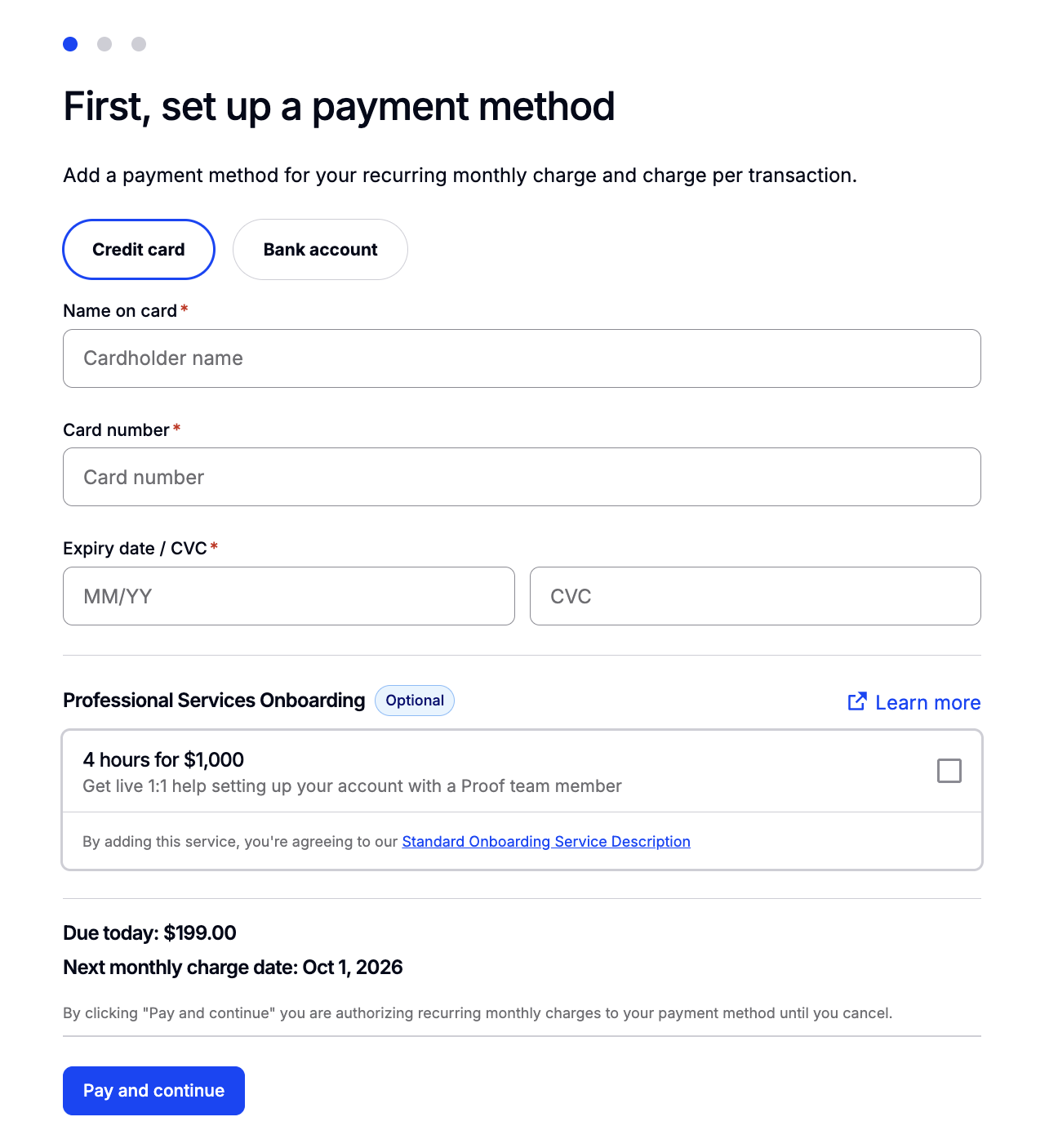 Payment method screen with Credit card and Bank account options, and an optional Professional Services Onboarding add-on