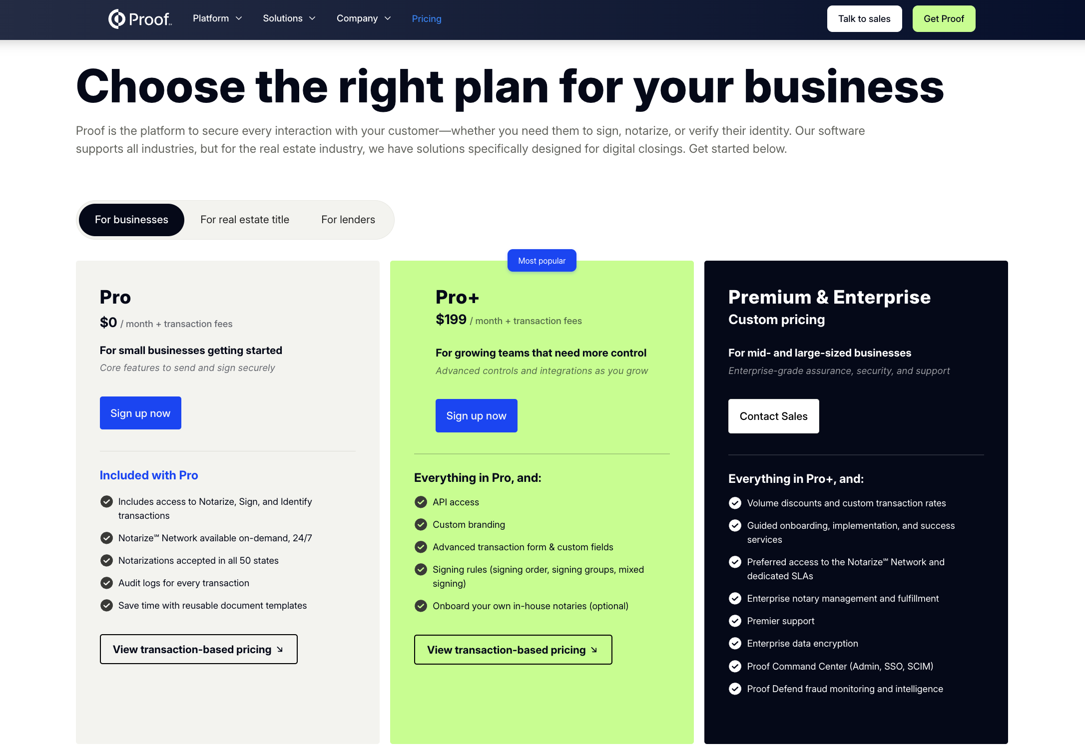 Proof pricing page showing Pro, Pro+, and Premium and Enterprise plans, with a Sign up now button under Pro+