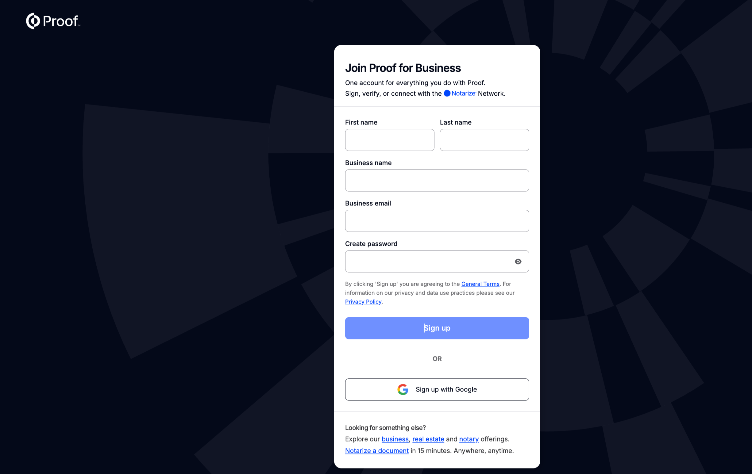 Join Proof for Business signup form with first name, last name, business name, business email, and password fields