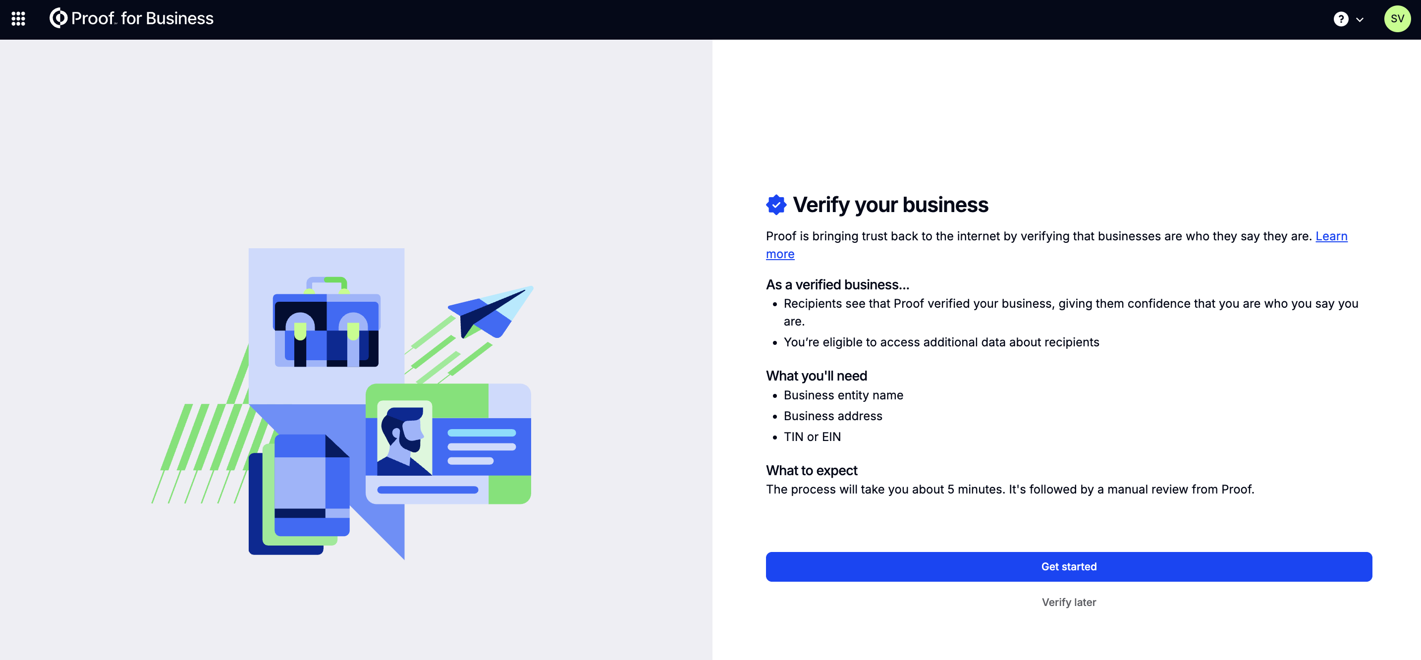 Verify your business screen showing what you'll need: business entity name, business address, and TIN or EIN
