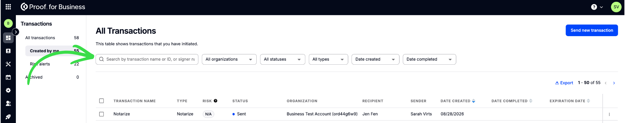 Transactions list showing the search box and filter dropdowns, including Organization and Cost Center