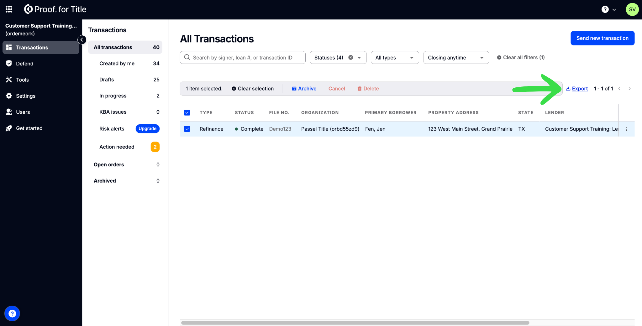 Export button in the action bar above the transactions list