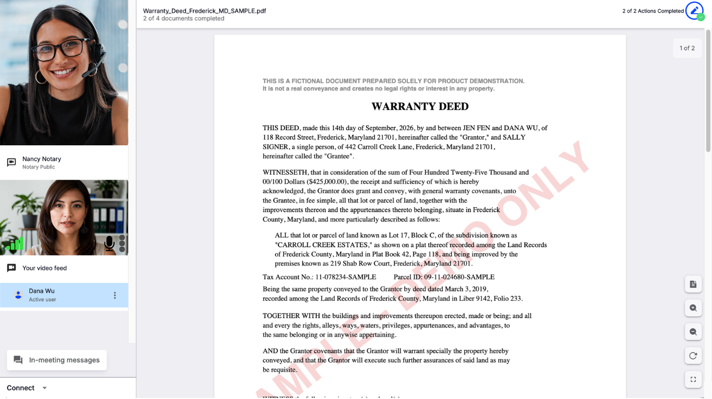 Live video notary meeting showing a document being reviewed and signed