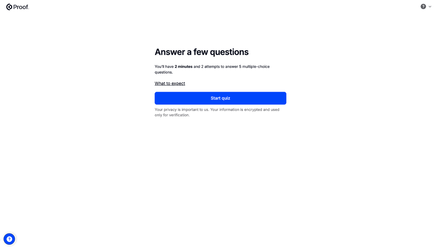 Knowledge-based authentication quiz start screen with a 2-minute time limit
