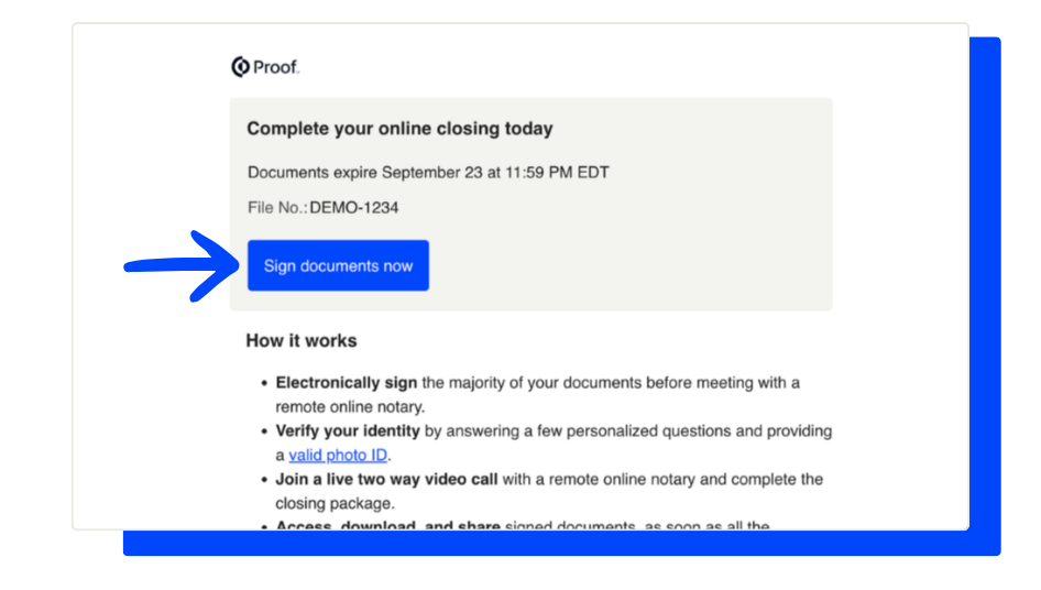 Closing package email with the Sign documents now button highlighted