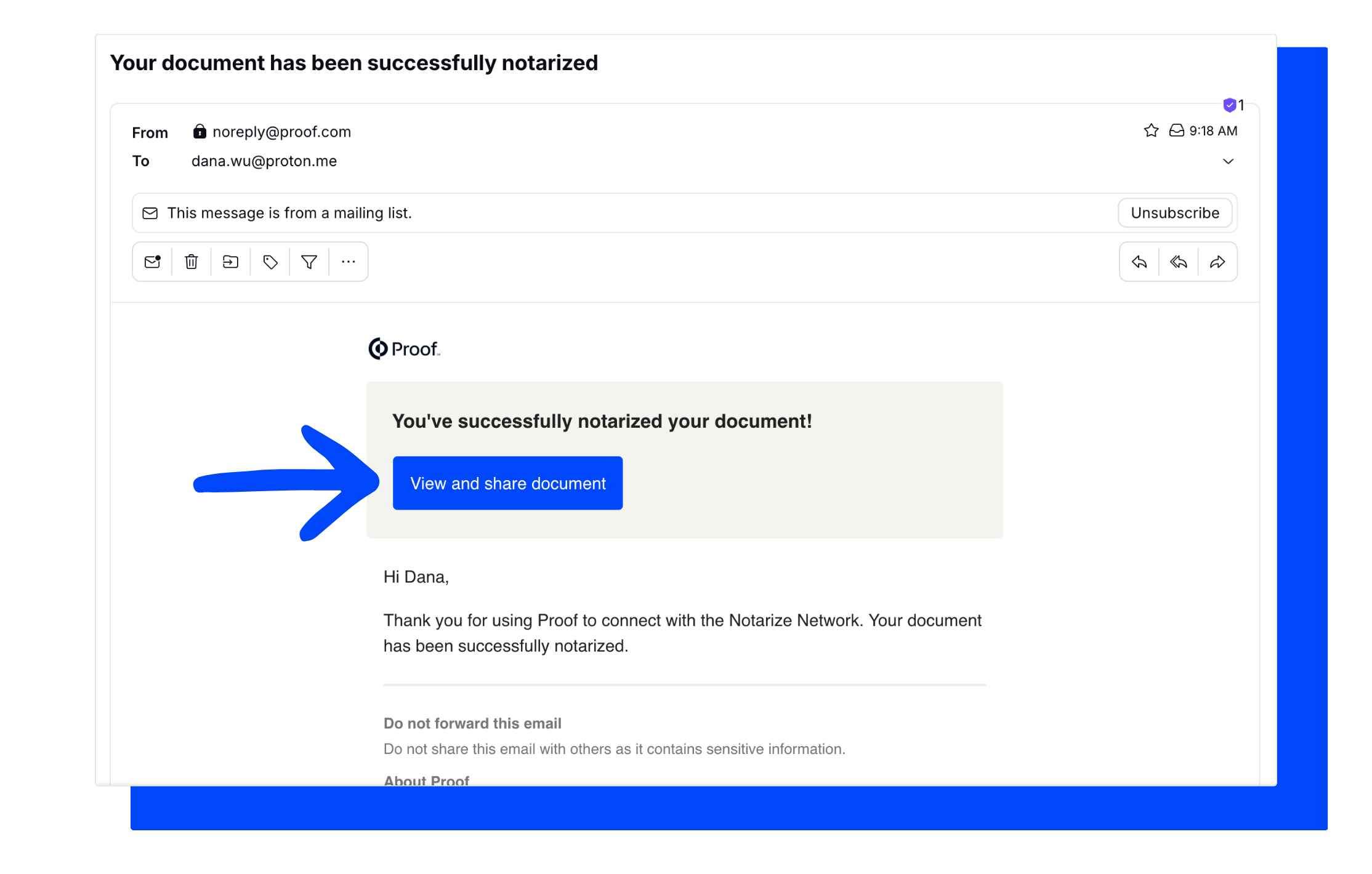 Notarization complete email with the View and share document button