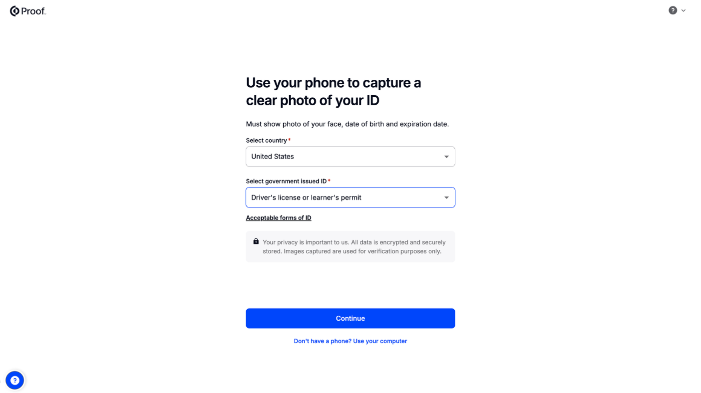 ID capture screen prompting the signer to select a country and government-issued ID type