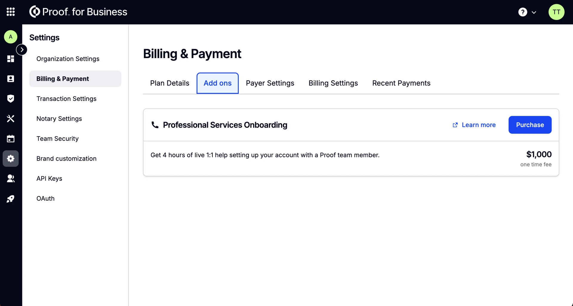 Professional Services Onboarding card in the Add-ons tab under Settings, Billing and Payment