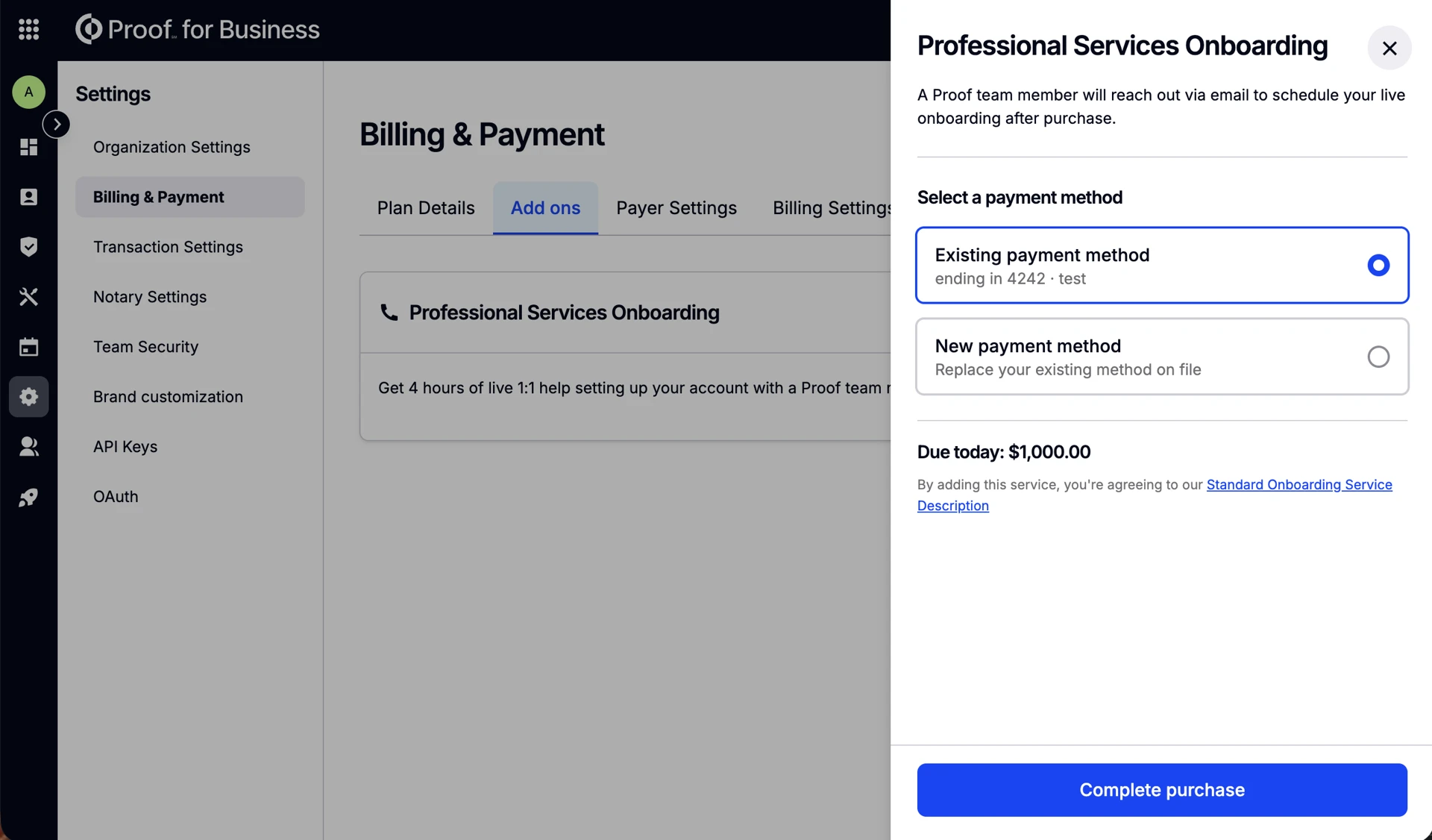 Selecting an existing payment method for the Professional Services Onboarding purchase, with $1,000 due today