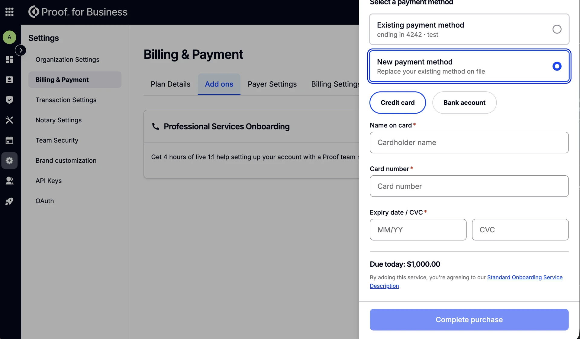 Entering a new credit card as the payment method for the Professional Services Onboarding purchase