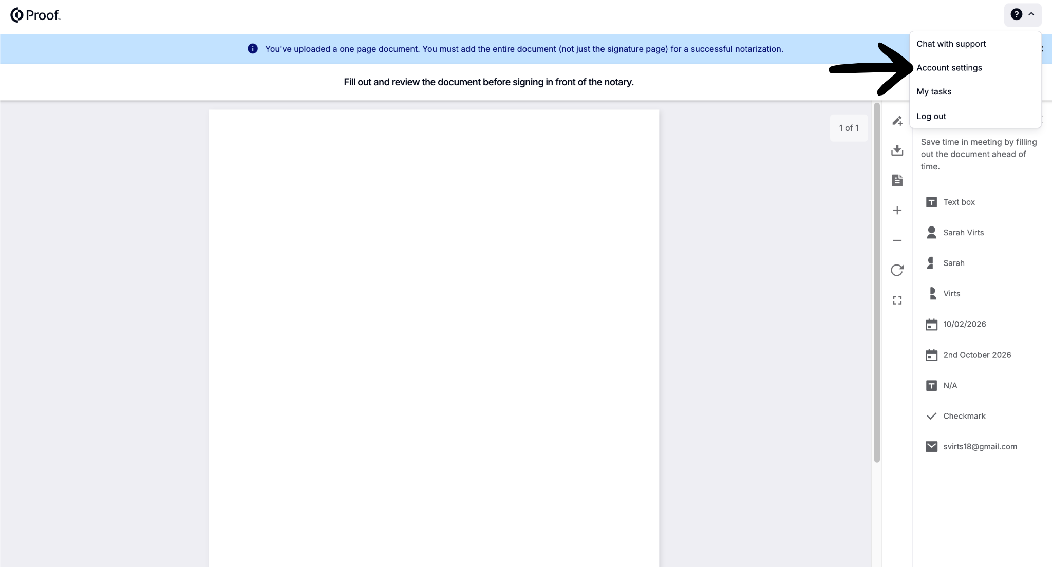 Document review screen showing the question mark icon menu with Account settings option highlighted