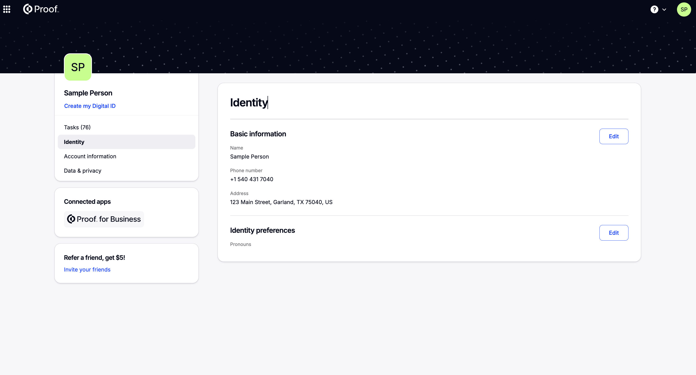 Identity page showing Basic information section with Edit button
