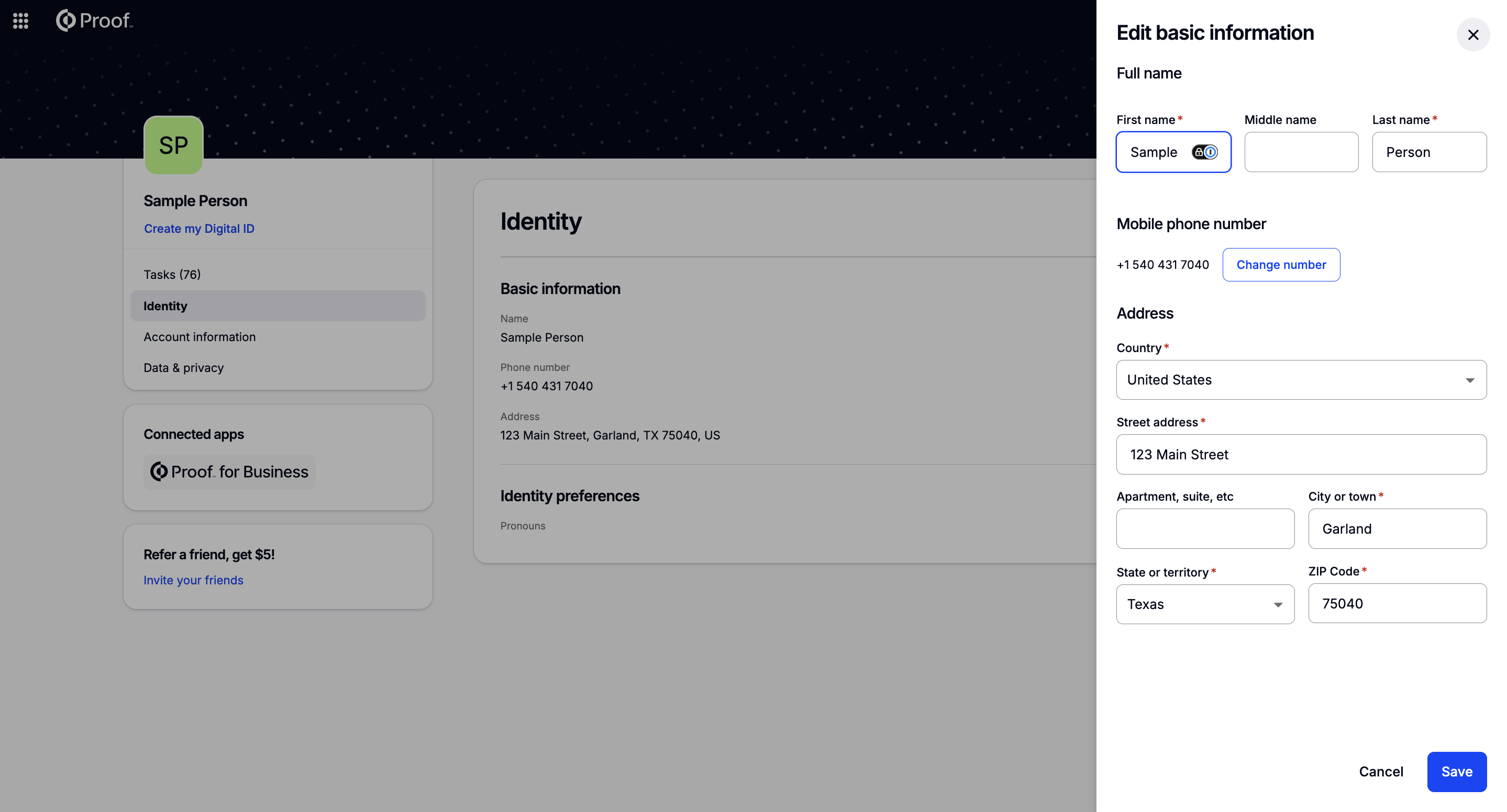 Edit basic information panel with first name, last name, and address fields
