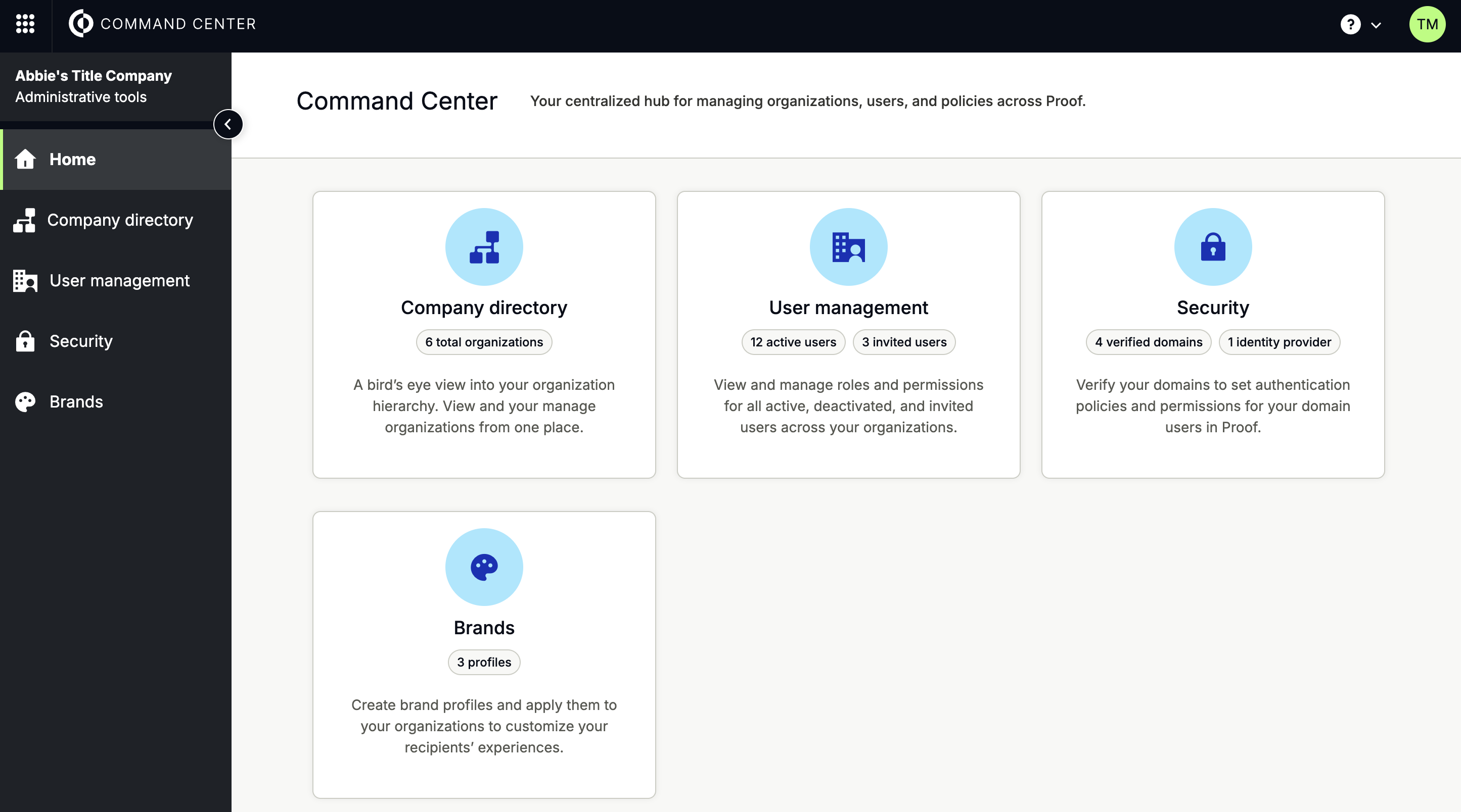 Command Center home page showing administrative tools and metrics dashboard