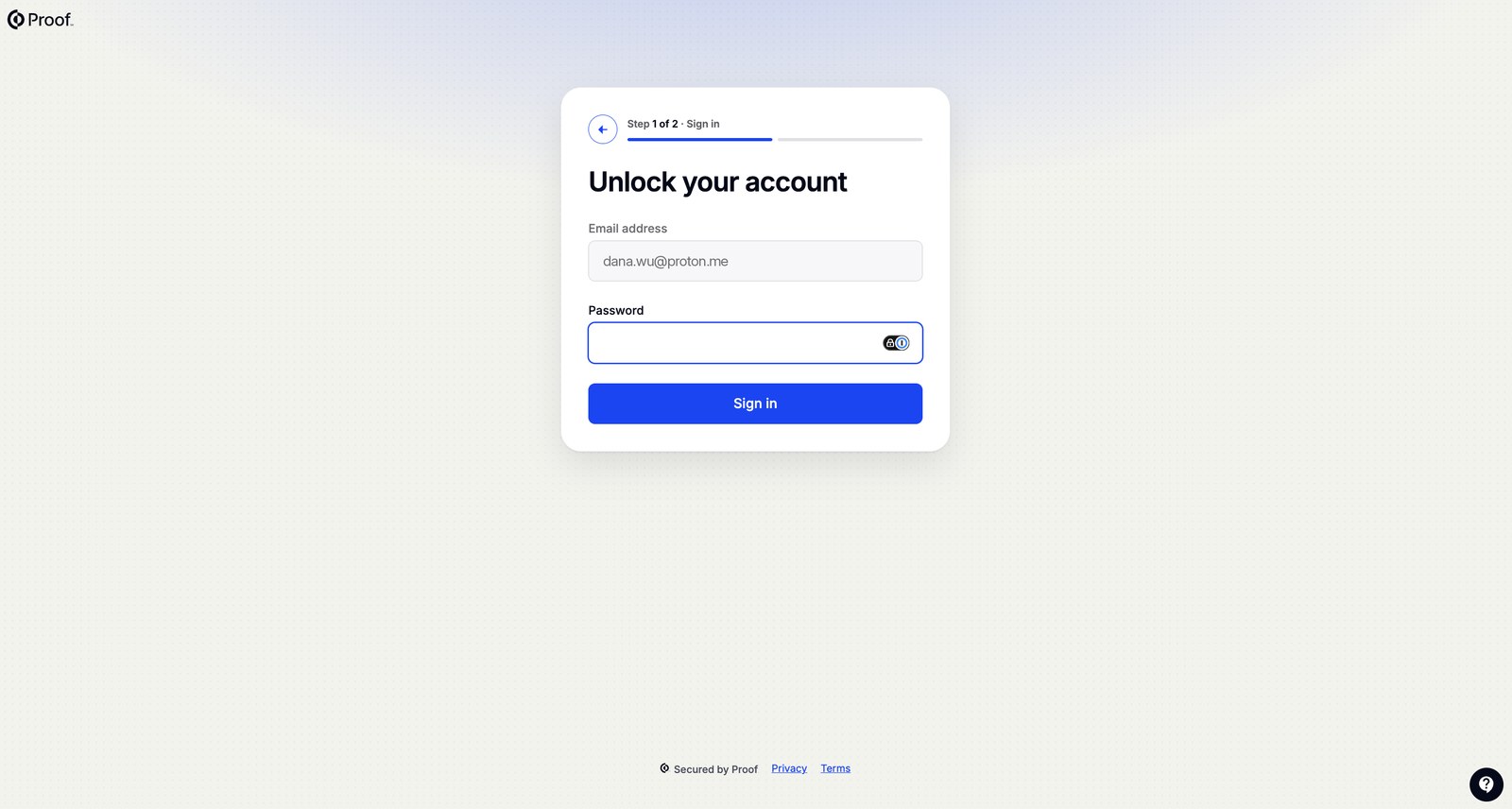 The Unlock your account page with the email address filled in and an empty password field.