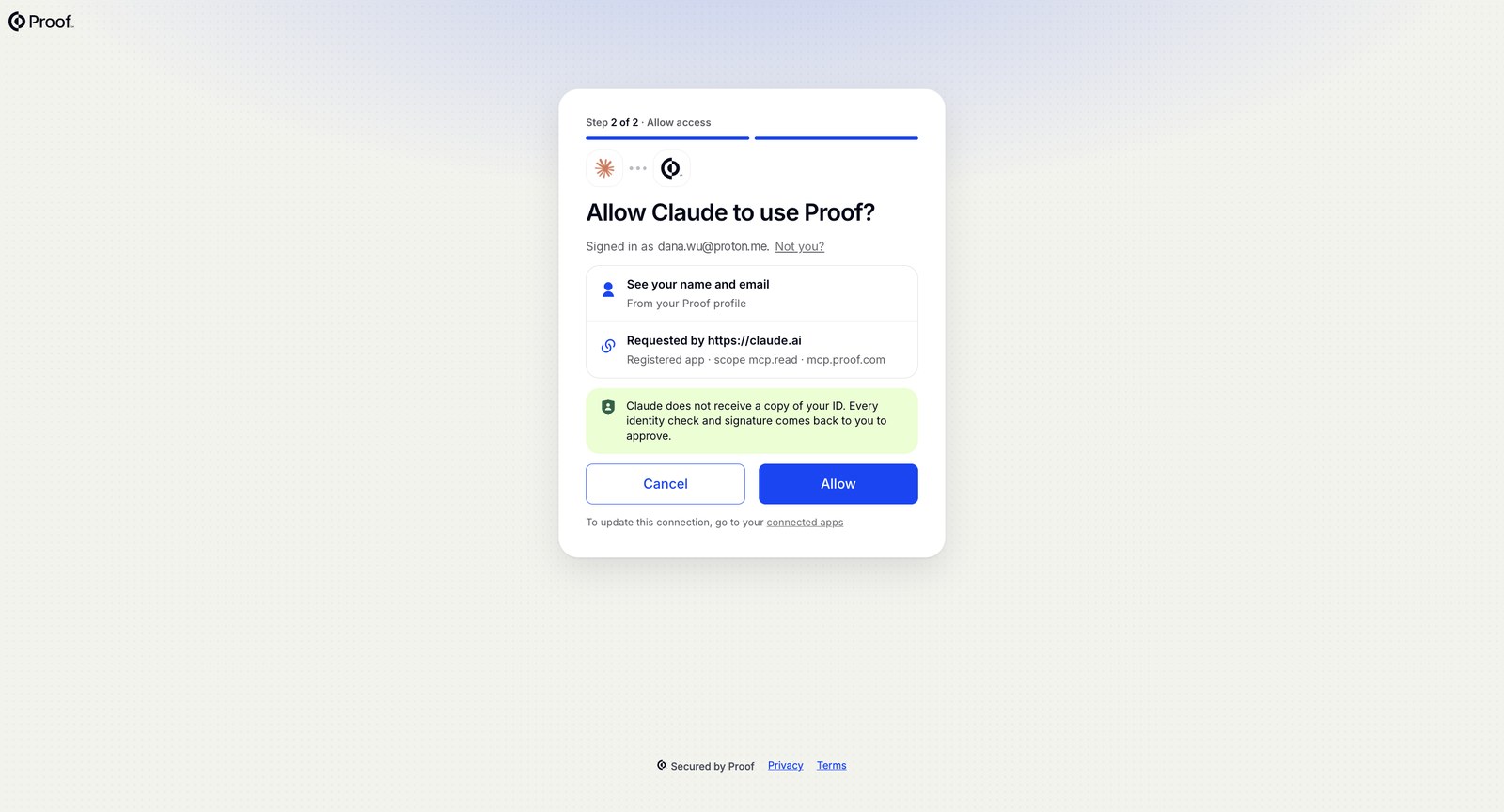 The Allow Claude to use Proof page showing that Claude can see your name and email, with Cancel and Allow buttons.