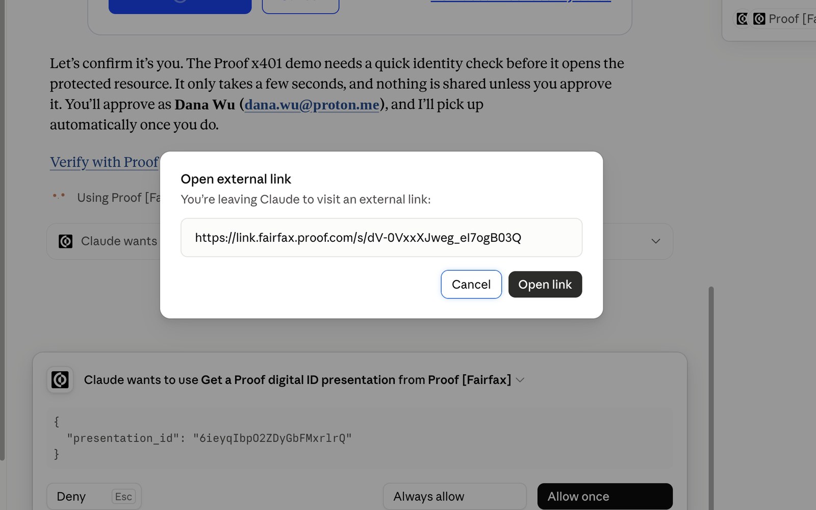A prompt asking whether to open an external link, with Cancel and Open link buttons, above a permission request with Deny, Always allow, and Allow once buttons.