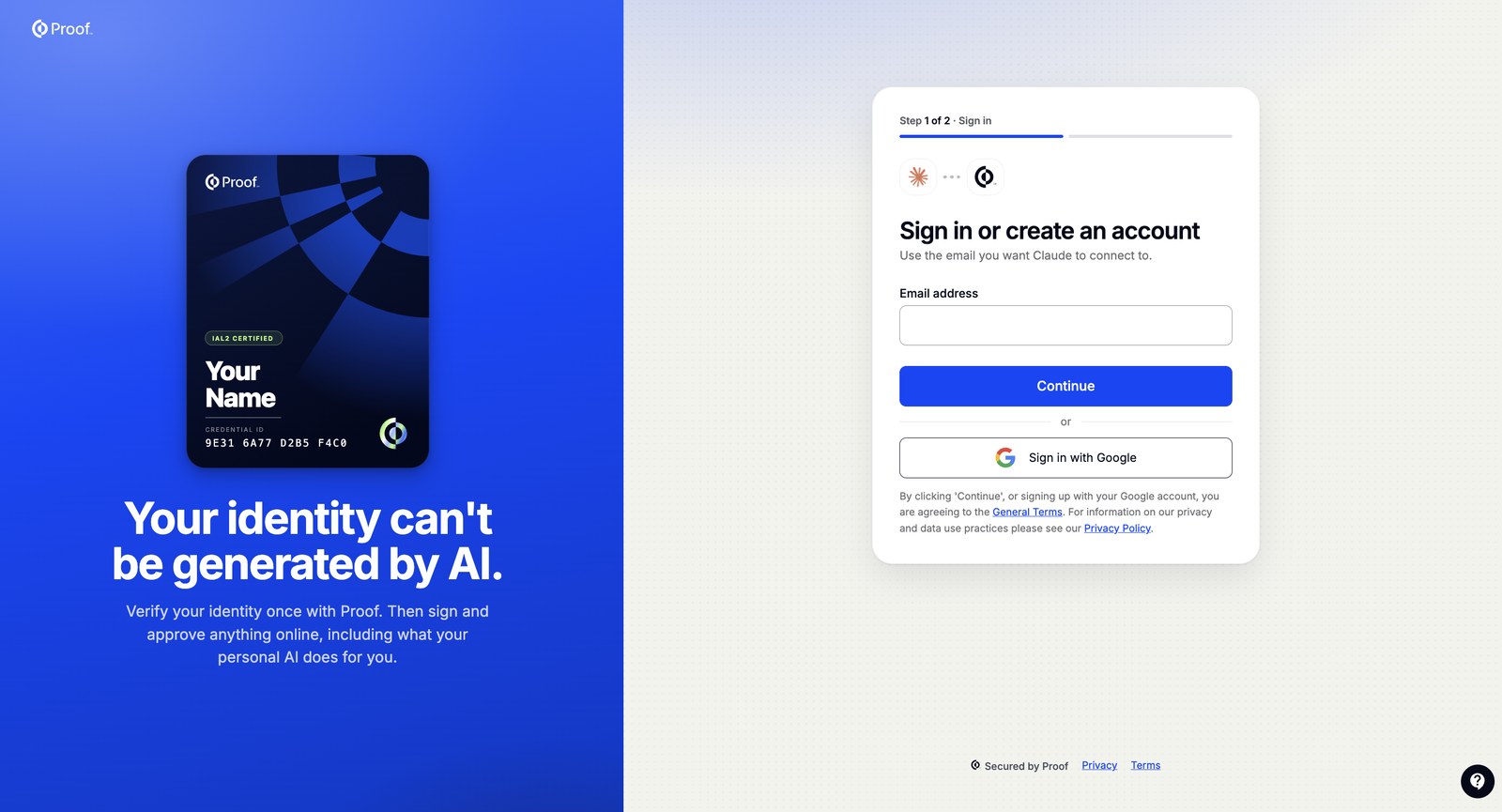 The Proof Sign in or create an account page with an email field, a Continue button, and a Sign in with Google button.
