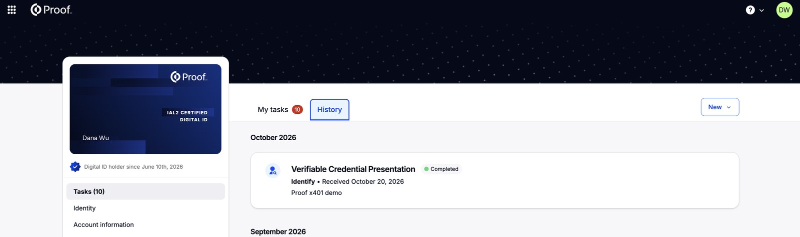 The History tab on the Proof dashboard showing a completed Verifiable Credential Presentation with the name of the requester.