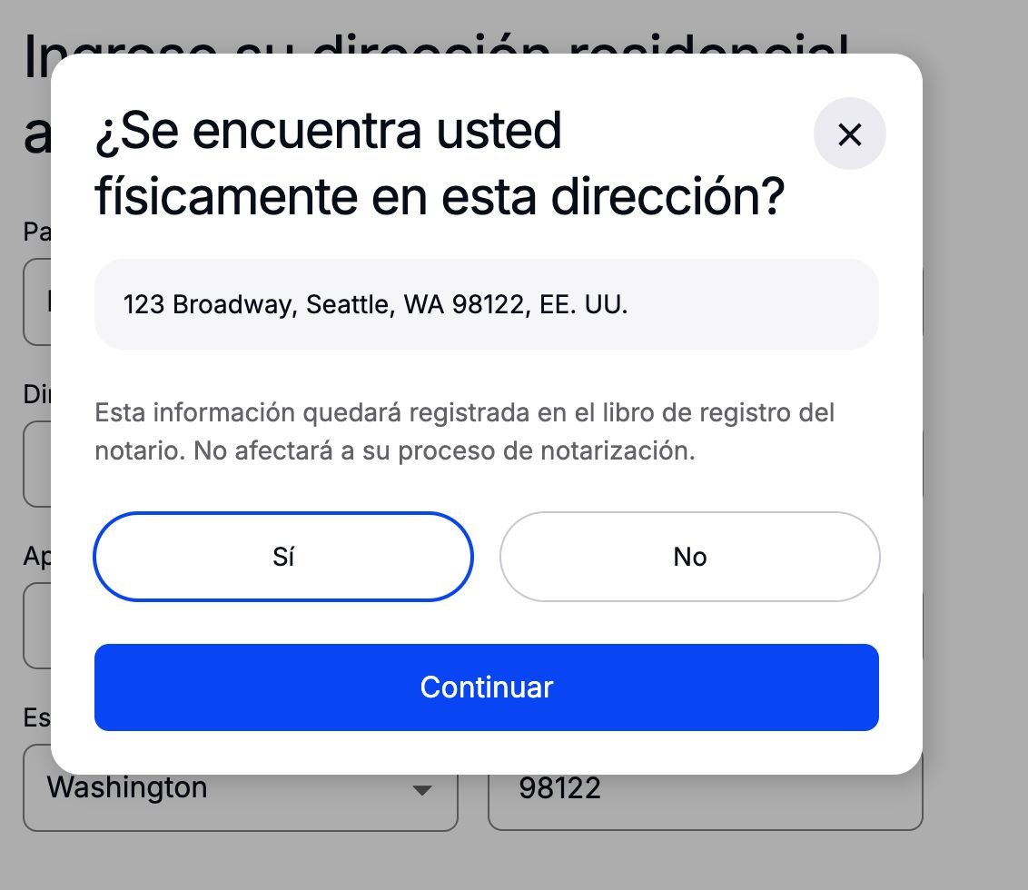 The location confirmation prompt in Spanish