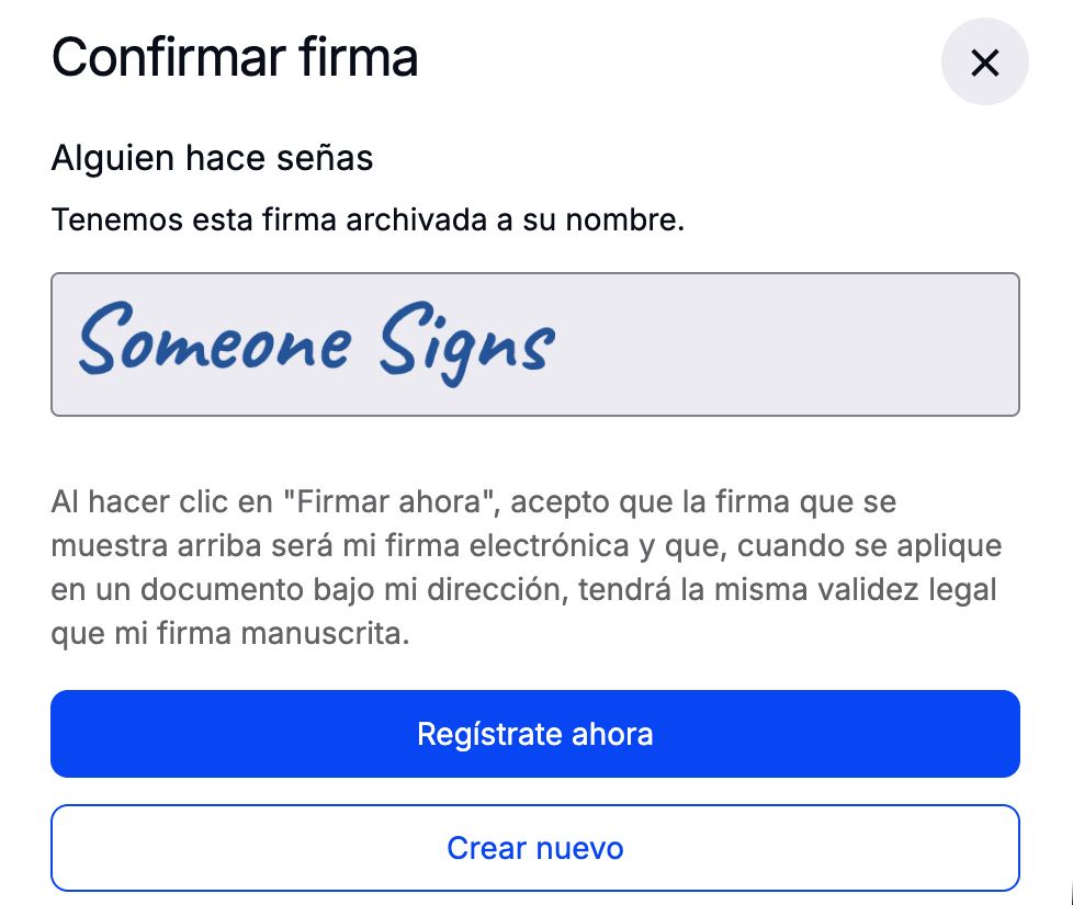 The Confirmar firma screen showing a signature on file