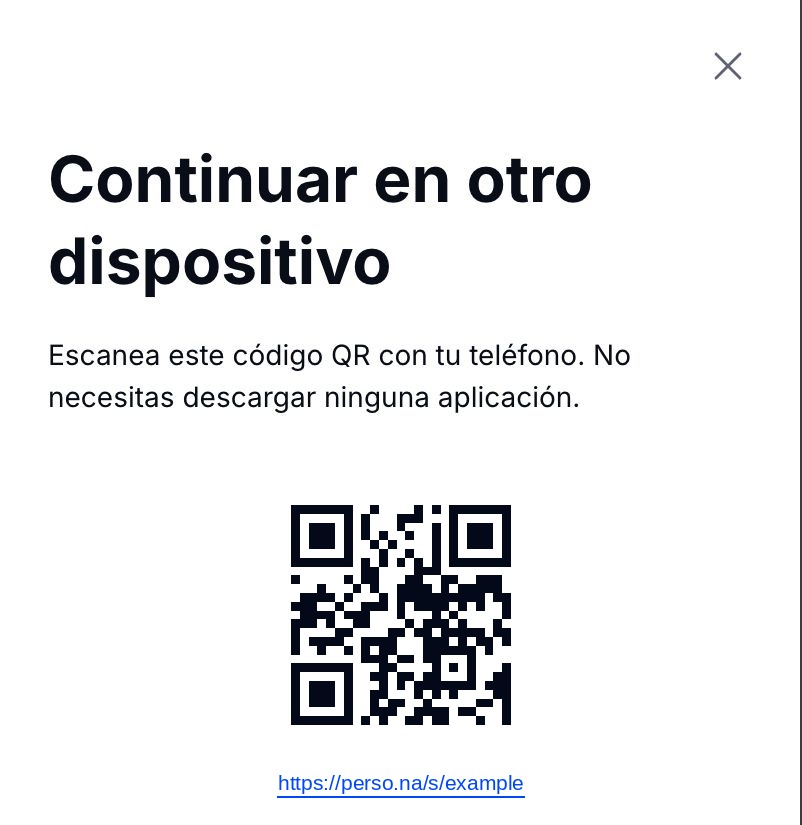 The Continuar en otro dispositivo screen with a QR code