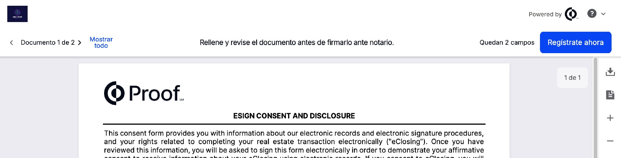 Revisión de documentos en español con el eSign Consent and Disclosure en inglés