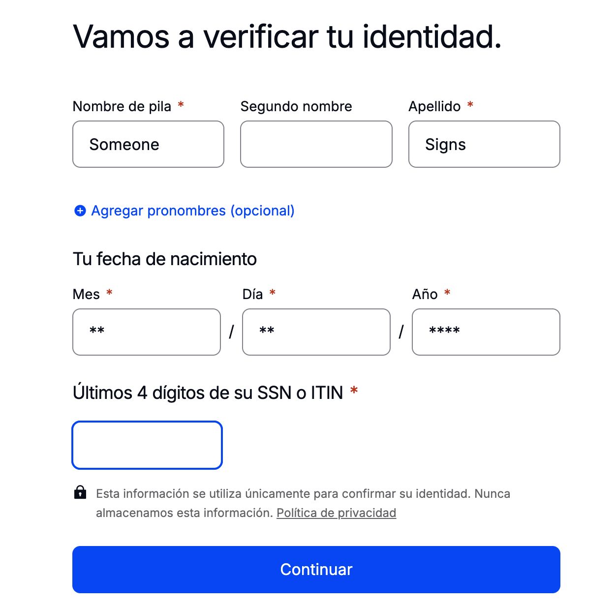 El formulario de información de identidad en español