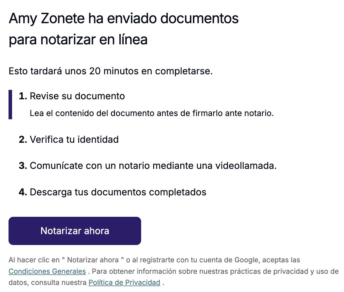 La página de invitación en español con el botón Notarizar ahora
