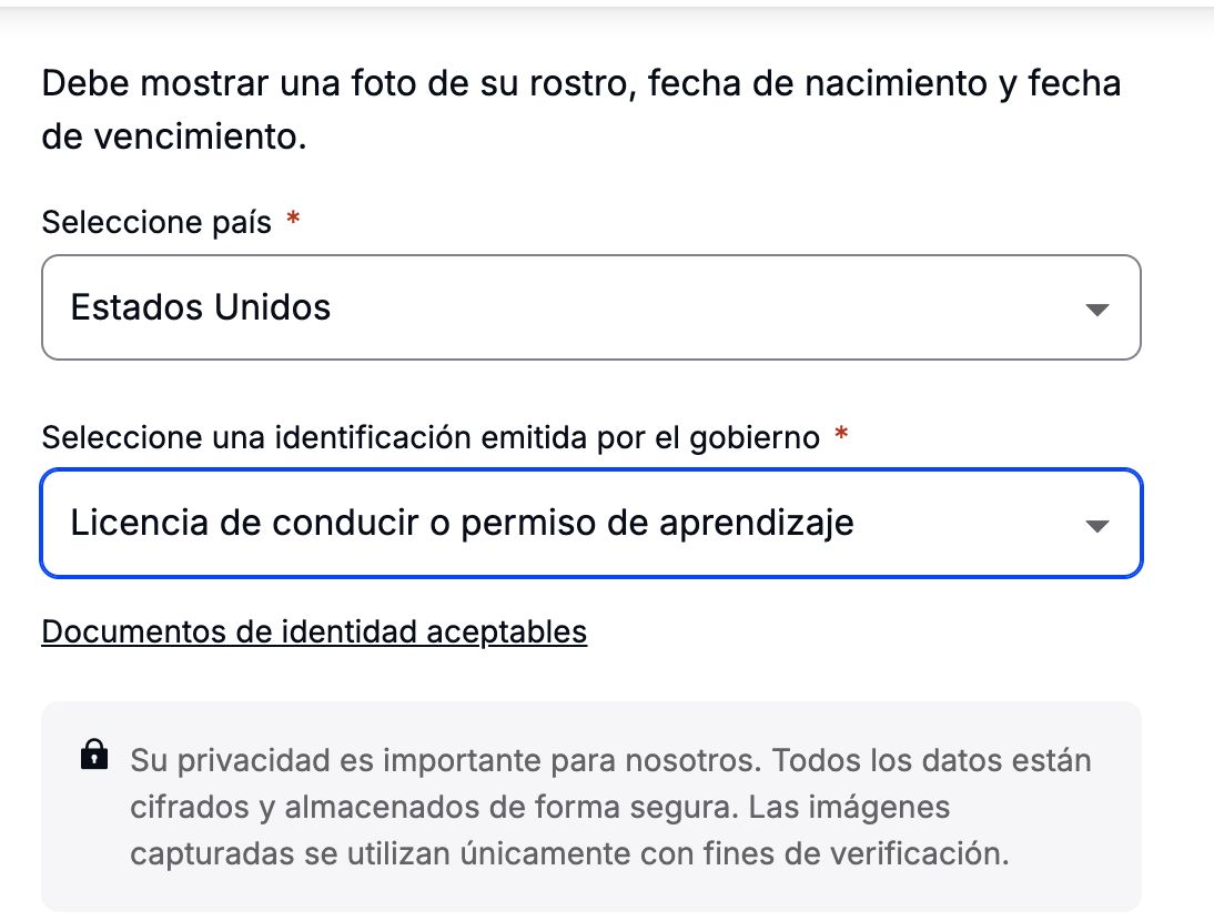Selección de país y tipo de identificación en español