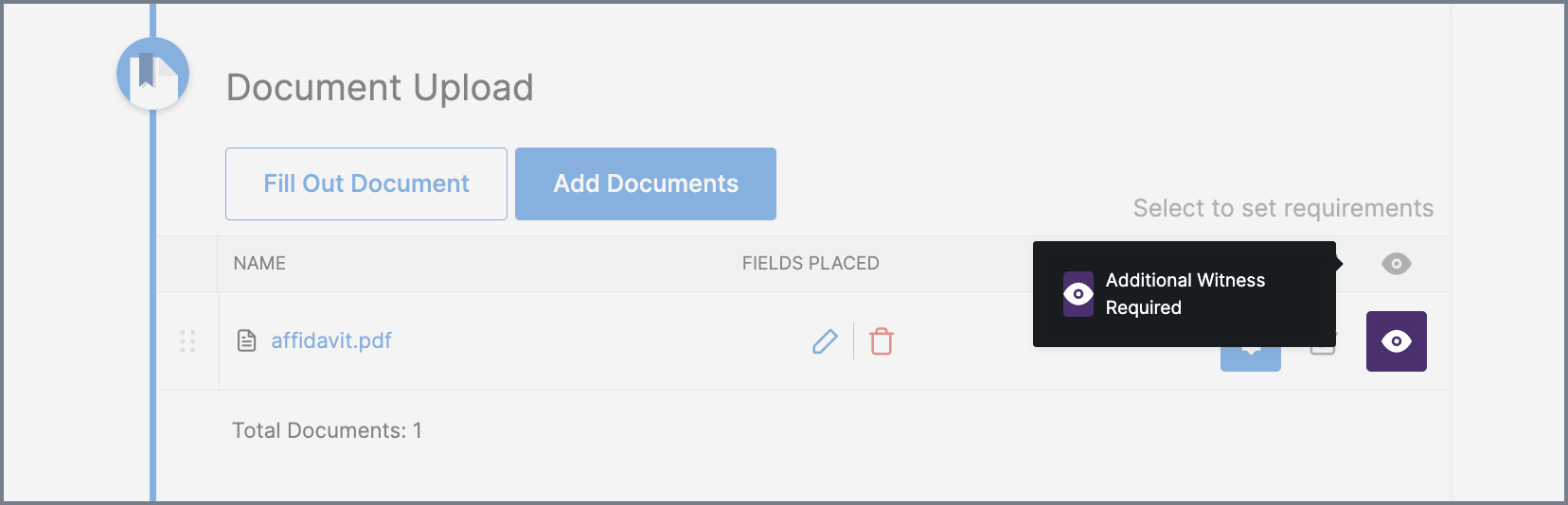 Photo of Required Witness Toggle Turned On in Document Upload